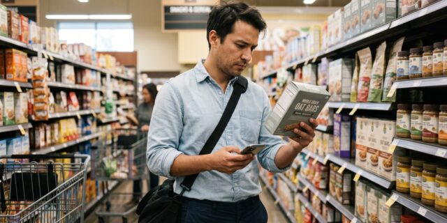 Man reading food label in grocery store aisle while holding phone, grocery shopping with food allergies