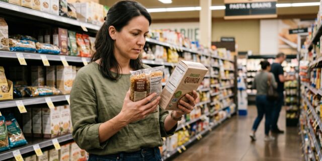 Experienced woman reading gluten-free product label in grocery store aisle, comparing two packaged items