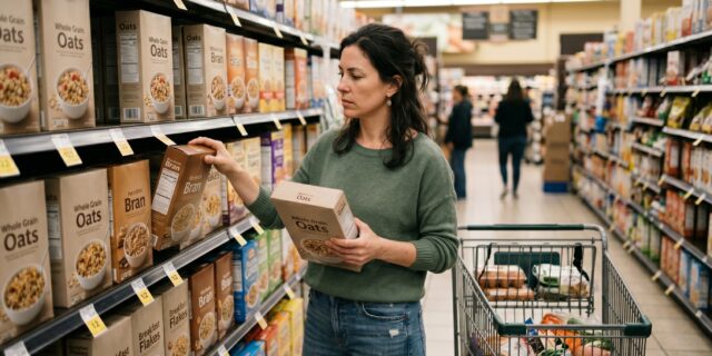 Busy mom comparing cereal boxes in grocery store aisle, shopping for healthier family food options