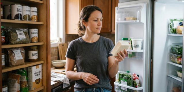 Person reviewing vegan pantry staples including tofu and canned beans before building a high protein vegan grocery list