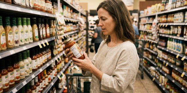 Person reading nutrition label on keto product in grocery store aisle, shallow depth of field