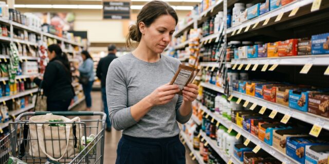 Woman reading back label of protein bar in grocery store aisle while budget fitness shopping