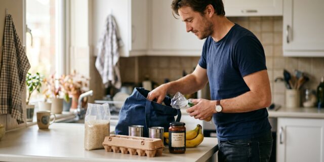 Man unloading grocery bag onto kitchen counter with rice, eggs, and canned goods scattered in disarray