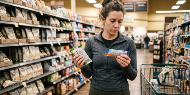 Fitness shopper comparing two protein bars in a grocery aisle, reading the nutrition labels on the back of each package