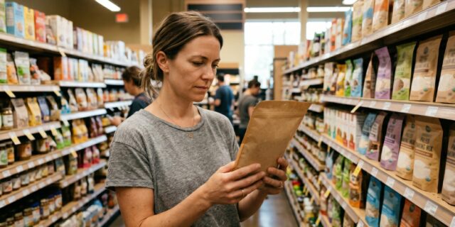 Woman reading product label in grocery aisle surrounded by grain-free snack options on shelf