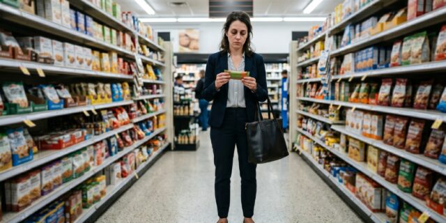 Busy professional in work clothes standing in a grocery store aisle holding a packaged product after a long workday