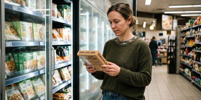 Experienced vegan shopper reading the front label of a plant-based product pulled from a grocery store freezer aisle