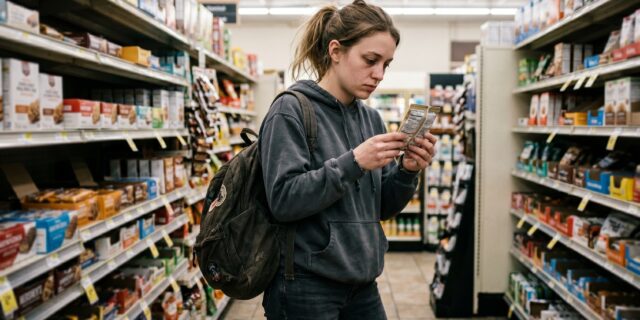 College student with a backpack reading the back label of a packaged product in a grocery store aisle while gluten-free shopping